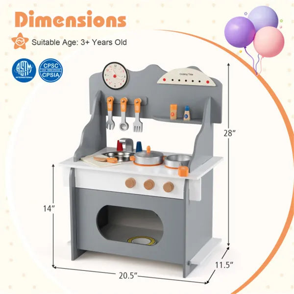Gray Wooden Toddler Play Kitchen With Sink & Accessories, Safe Gift For Kids 3+