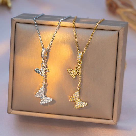 Japanese And Korean-style Light Luxury Full Rhinestone Tassel Butterfly Micro-inlaid Necklace