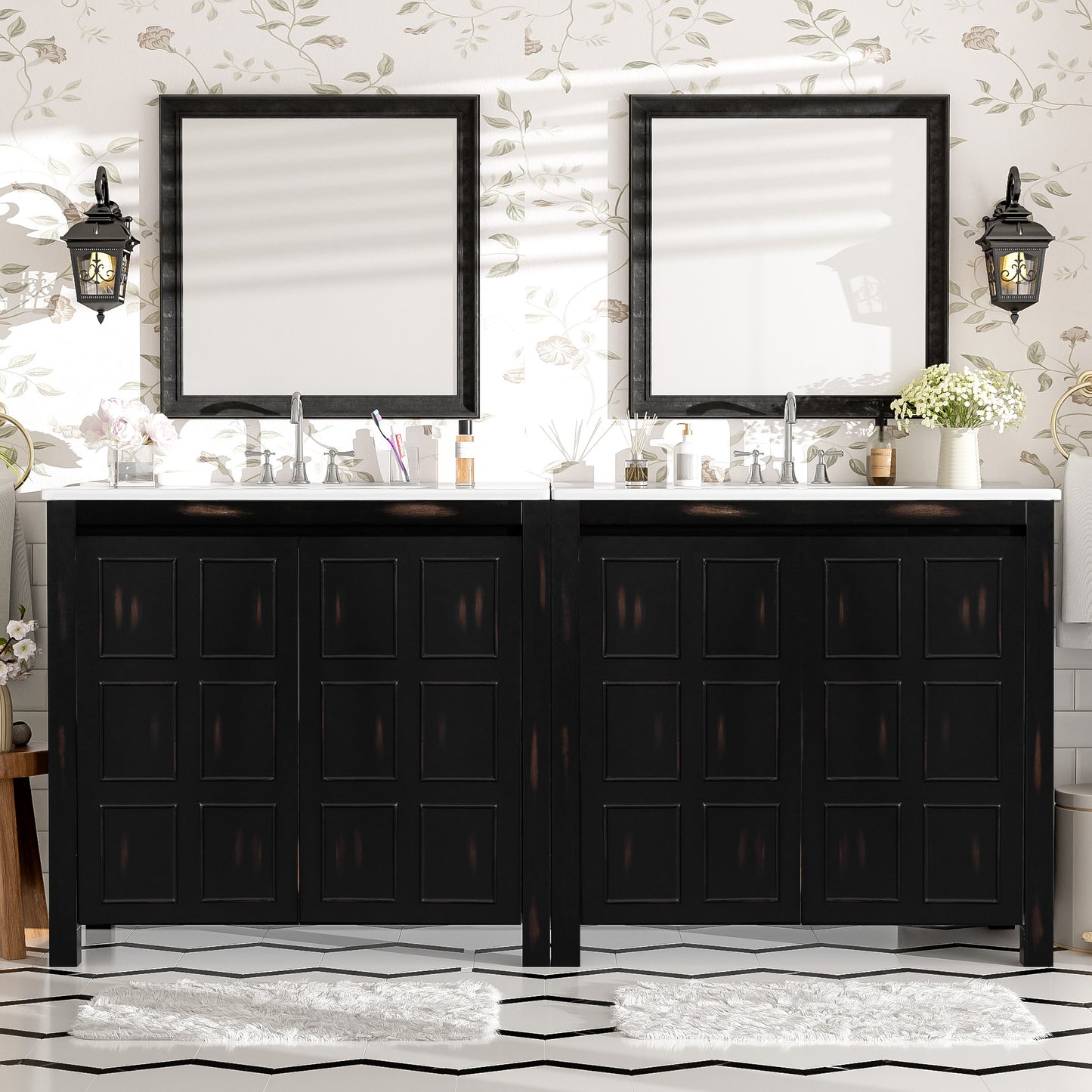 72  Bathroom Vanity Set With Double Vanities  Separate , Double Ceramic Sinks, Soft-Close Doors & Adjustable Shelf -Retro Espresso Storage Cabinet For Stylish Bathroom Organization