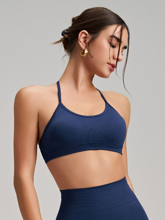 Women's Seamless Thin Strap Cross Back Yoga Outfit Set, Quick-Dry Tight Sports Fitness Bra For Running