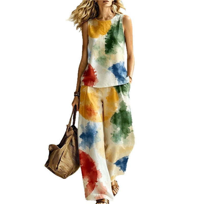 New-style Rainbow Tie-dye Sleeveless Crew-neck Top And Wide-leg Pants Womens Casual Two-piece Set