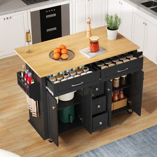 Kitchen Island On Wheels, Dropleaf  Trolley, Rolling Cart With Foldable Countertop,  5 Drawers, Spice & Towel Holders,lockable Wheels, For Kitchen, Dining Room & Living Room,120x65x89 Cm