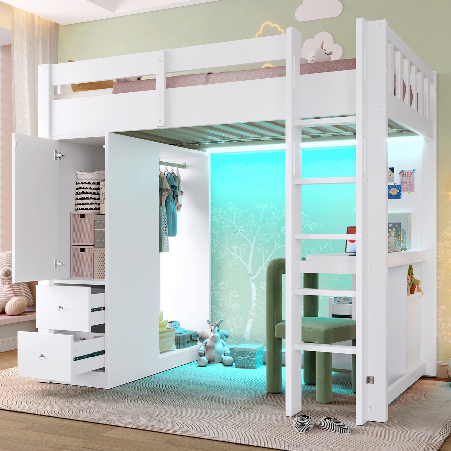 90x200 Loft Bed With 4 Drawers And 1 Storage Cupboard, Underbed Desk, Open Wardrobe, LED Light And USB, White
