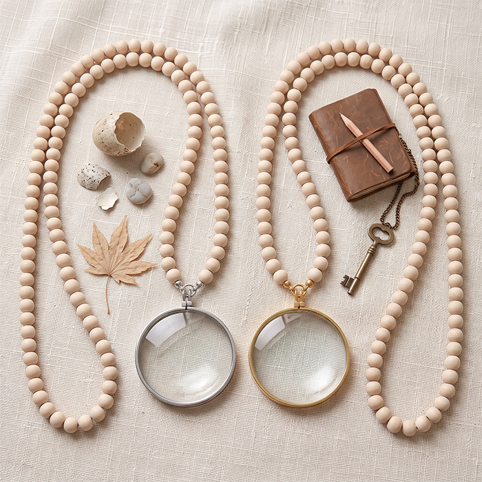 Retro Magnifying Glass Necklace With Natural Wood Beads - Long Adjustable Reading Magnifier Pendant - Vintage Boho Gift For Book Lovers Men Women