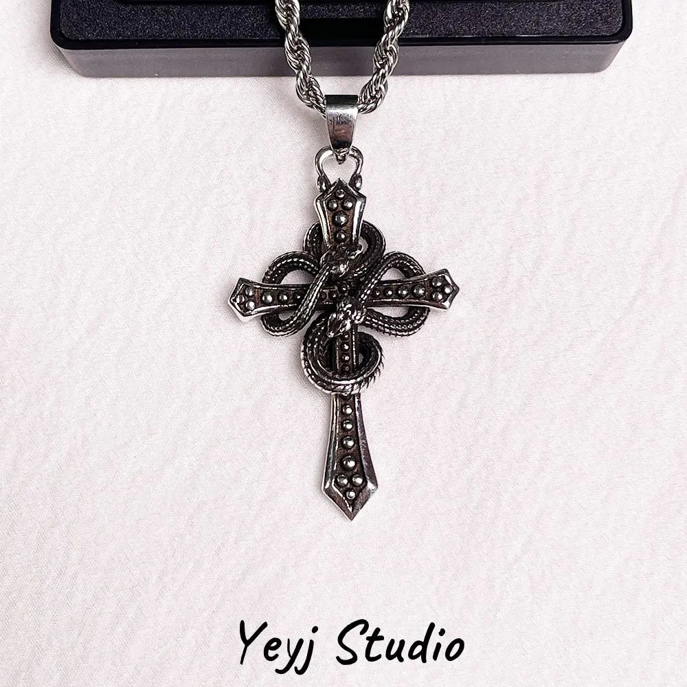 1pcs Vintage Twisted Chain Snake Wrapped Cross Pendant Necklace, Dark Punk Gothic Style, For Men Street Biker Party Wear & Male Holiday Gifts