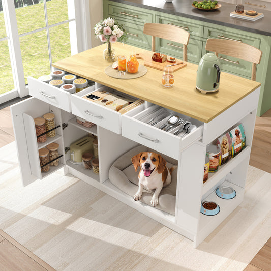 Kitchen Island, Cabinet With 3 Drawers, 1 Spice Rack, Adjustable Shelf Top, Double Shelf  Without Dog Food Plate , Spacious Pet Storage Area  Without Dog Cushion , 120X60X90 Cm, White