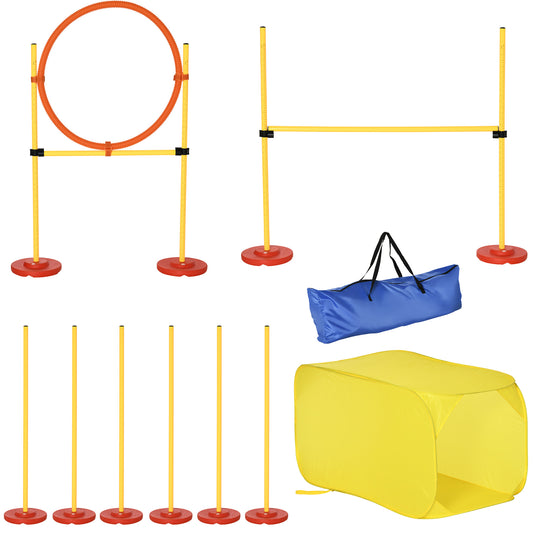 Pawhut Dog Agility Equipment Portable Pet Training Obstacle Set For Dogs 5 Pieces W/ Adjustable High Jumping Pole, Jumping Ring, Weave Poles, Tunnel