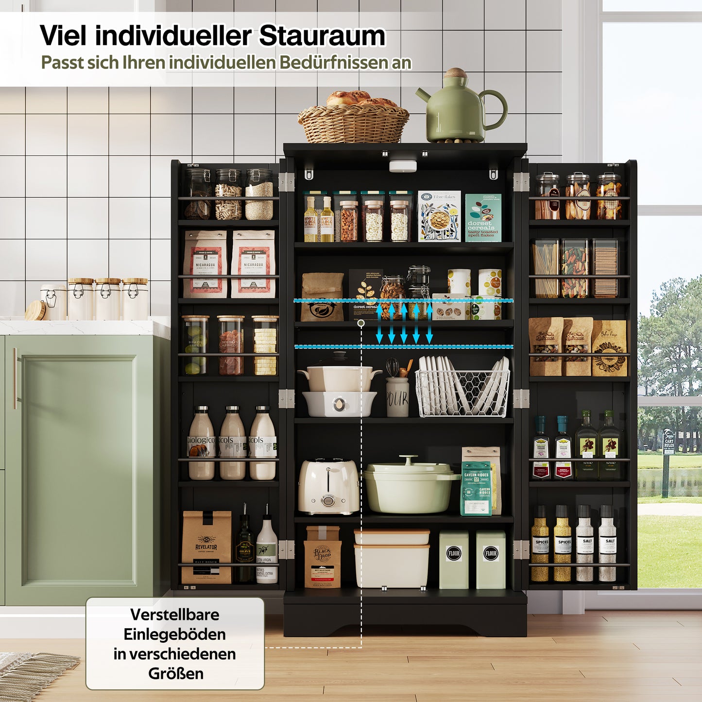 120x60x40xcm Kitchen Cabinet With LED Sensor Light, Large 2-Door Storage Cabinet With Adjustable Shelves & Door Shelves  Suitable For Kitchen, Dining Room Or Living Room, Black