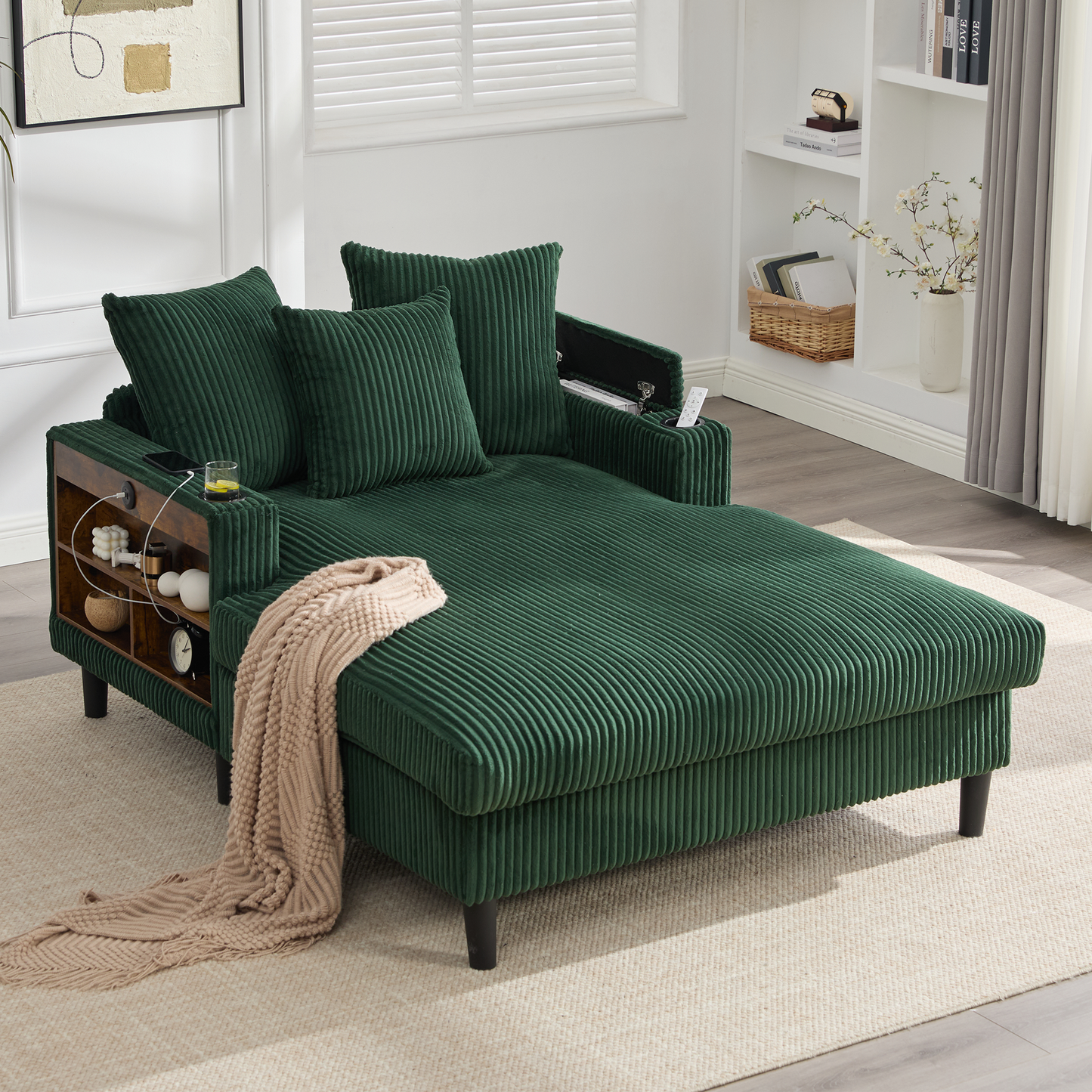 Multifunctional Corduroy Lounge With Chaise Longue With Large Lying Surface, Cup Holders On Both Sides, LED Lighting, Side Pocket, Storage Space, USB Charging Port, Sturdy Plastic Feet  Versatile.
