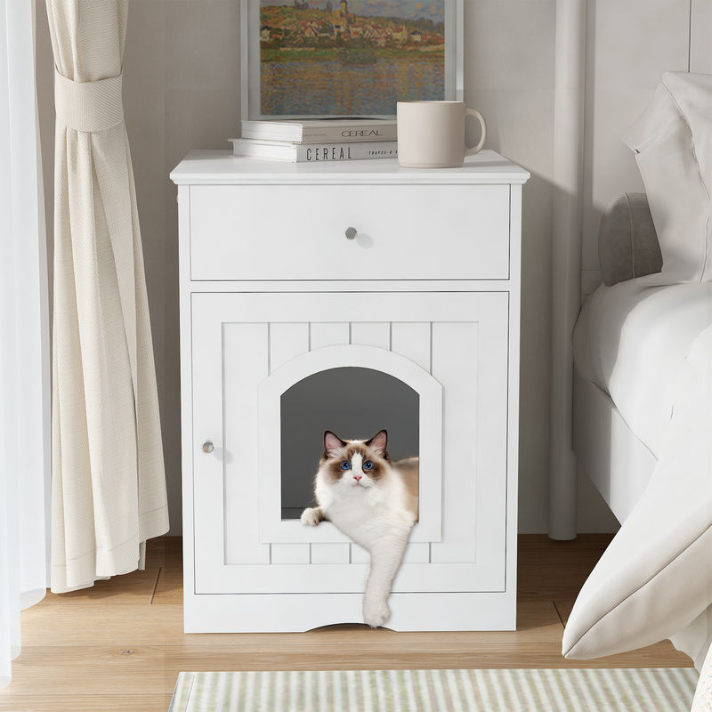 White Wooden Cat Litter Box Enclosure W Drawer & Side Table, Indoor Pet Crate Nightstand For Home