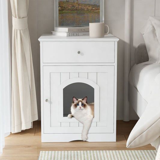 White Wooden Cat Litter Box Enclosure W Drawer & Side Table, Indoor Pet Crate Nightstand For Home