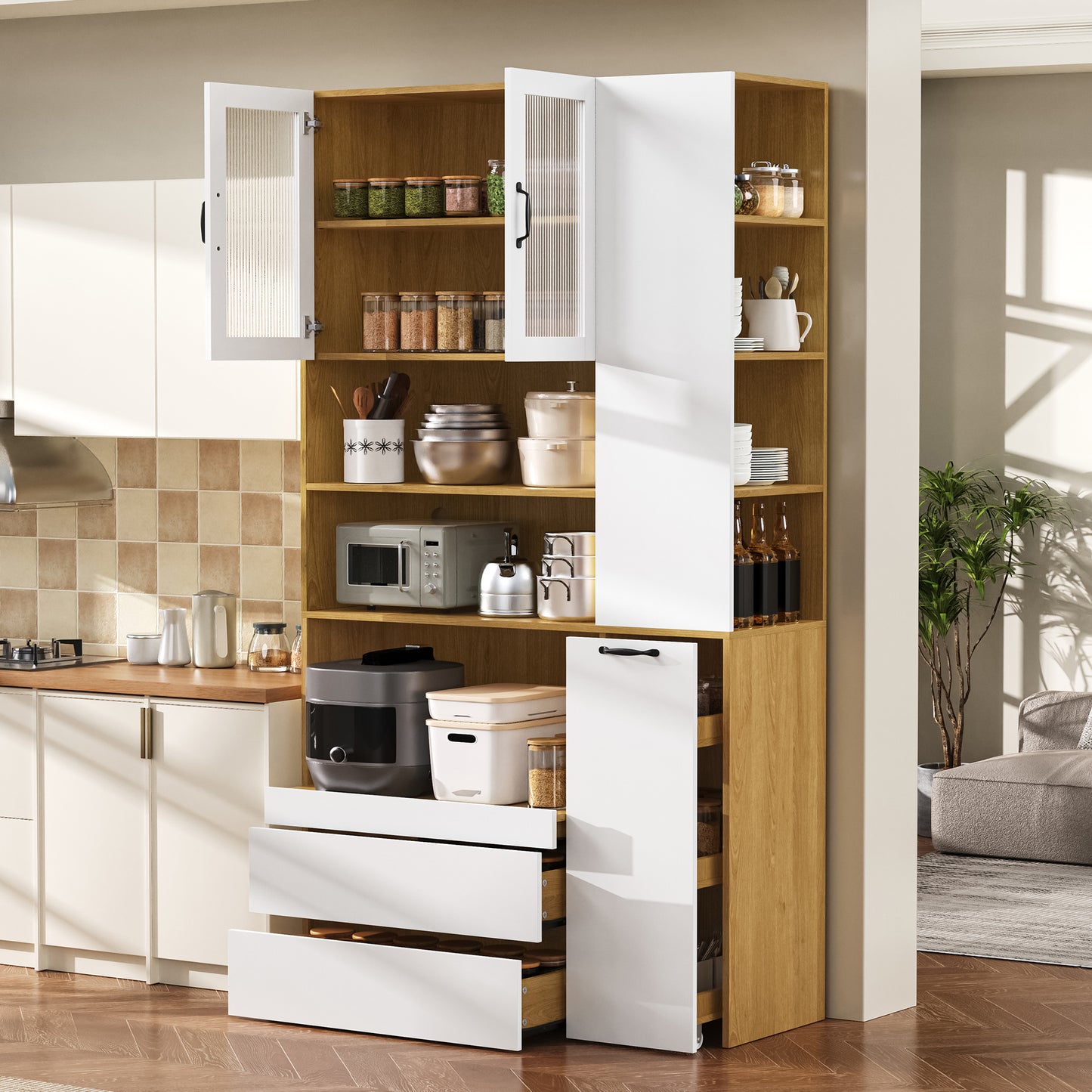 Highboard With Adjustable Shelves And Drawers, Buffet Cabinet With Pull-out Shelves And Checker Glass, Ideal For Dining Room, Living Room And Kitchen  White Natural