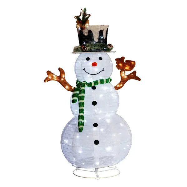 4FT Lighted Snowman And Squirrel Christmas Yard Decorations, Pre-lit Pull Up Snowman With 120 White LEDs, For Xmas Outdoor Holiday Indoor Decor Lighted Holiday Displays
