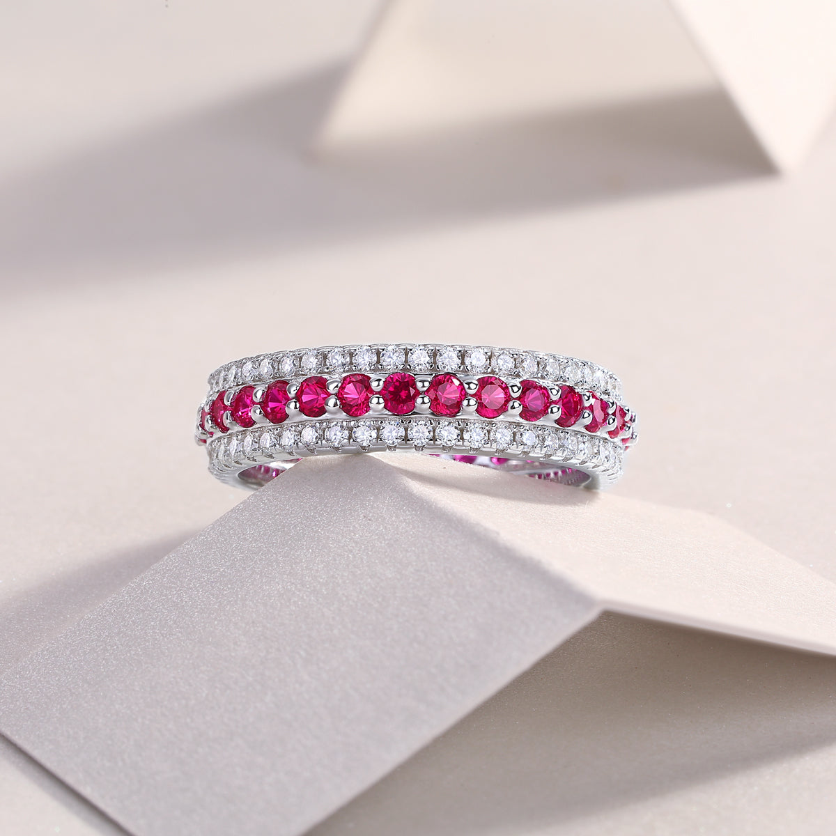 3.6g S925 Sterling Silver 3 Row Pave Ring  Synthetic Ruby Eternity Band, Platinum Plated Promise Ring For Women, Jewelry Gift Box Set