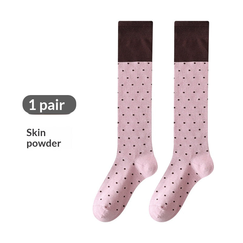 Korean-style Polka-dot Contrast-color Womens Calf Sweet And Versatile Knee-high Puff Socks Made Of Cotton