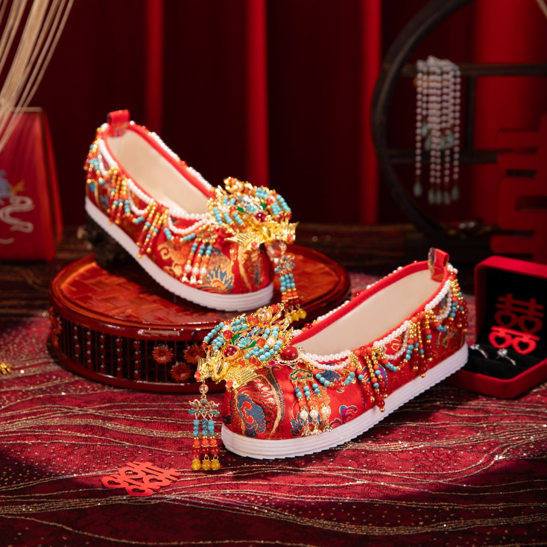 Handmade Original Chinese-Style M Ing Dynasty Wedding Shoes For Women, Red Beaded Xiuhe Bride Shoes, Premium Traditional Chinese Wedding Shoes