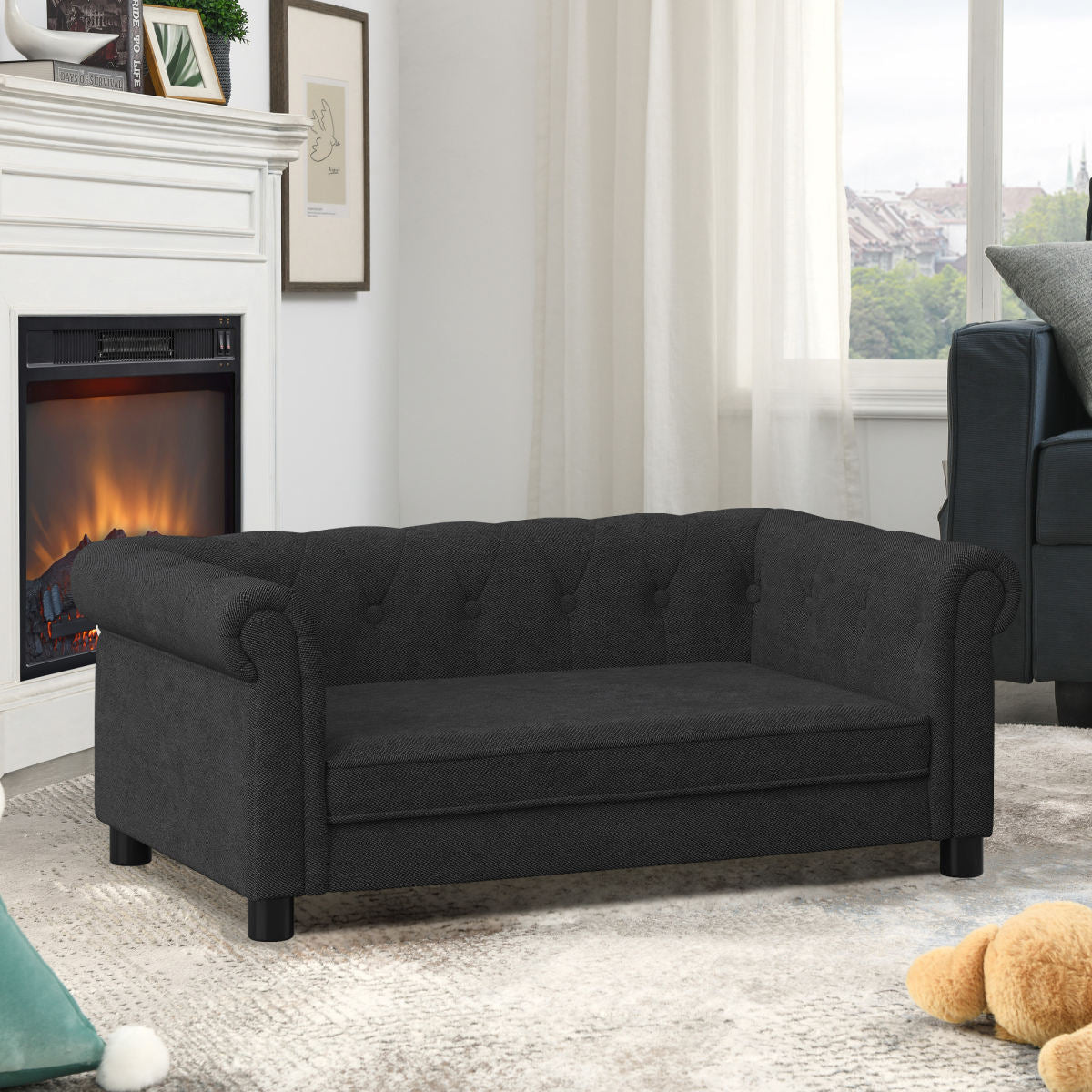 Elegant Rectangular Pet Bed For Small And Medium-sized Dogs, Durable Elevated Dog Sofa Bed, Comfortable Dog Sofa, Modern And Fashionable Linen Fabric Dog Sofa-Black