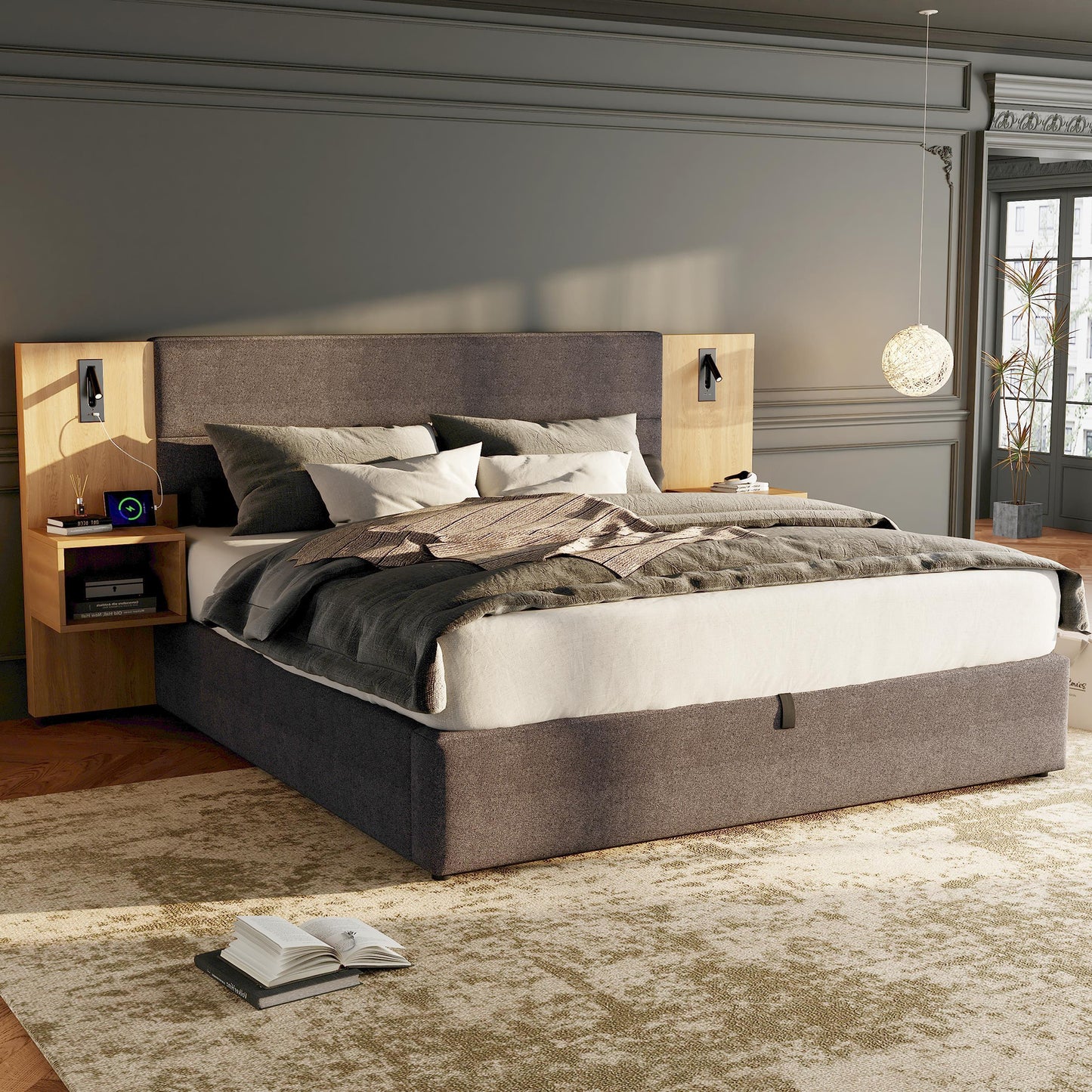 Upholstered Bed 160 X 200 Cm, Hydraulic Wide-eared Bed With USB Connection, With Lighting, Including Two Bedside Tables With Storage Space, Wooden Slatted Frame, Easy Construction, Velvet, Grey  Natu