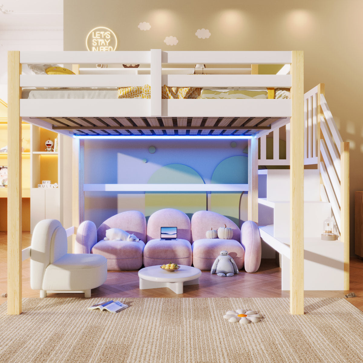 Loft Bed, 140x200cm, With LED Lights, Large Storage Space Under The Bed, Storage Ladder, Open Storage Compartment, Without Mattress, White Natural