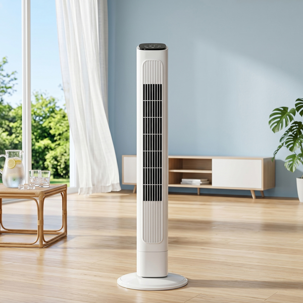US Standard RTW-GR36 Tower Fan, 110V 45W, 36 Inch, Column Shape, White Plastic Body, Copper Motor, Touch & Remote Control, 3 Speeds, 3 Modes, Oscillating Function, 9-Hour Timer, For Home Use