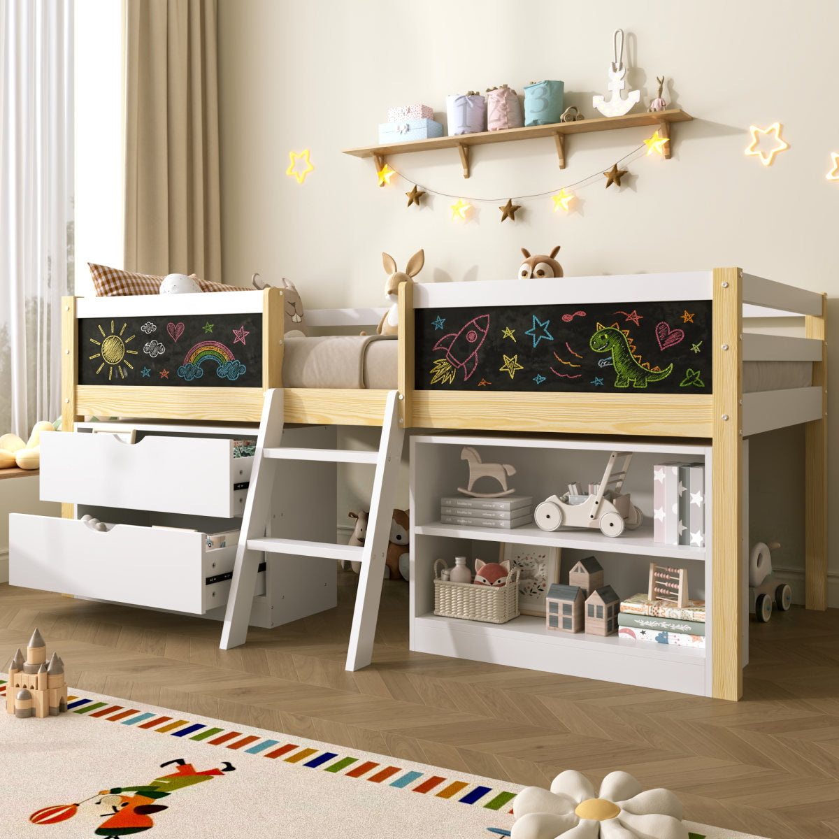 3ft Single Low Loft Bed With Blackboard, Modern Wood Bed Frame With Drawers And Storage Shelves, Under-bed Space, Modern Bed With Safety Guardrail, Saving-space Design, White  No Mattress