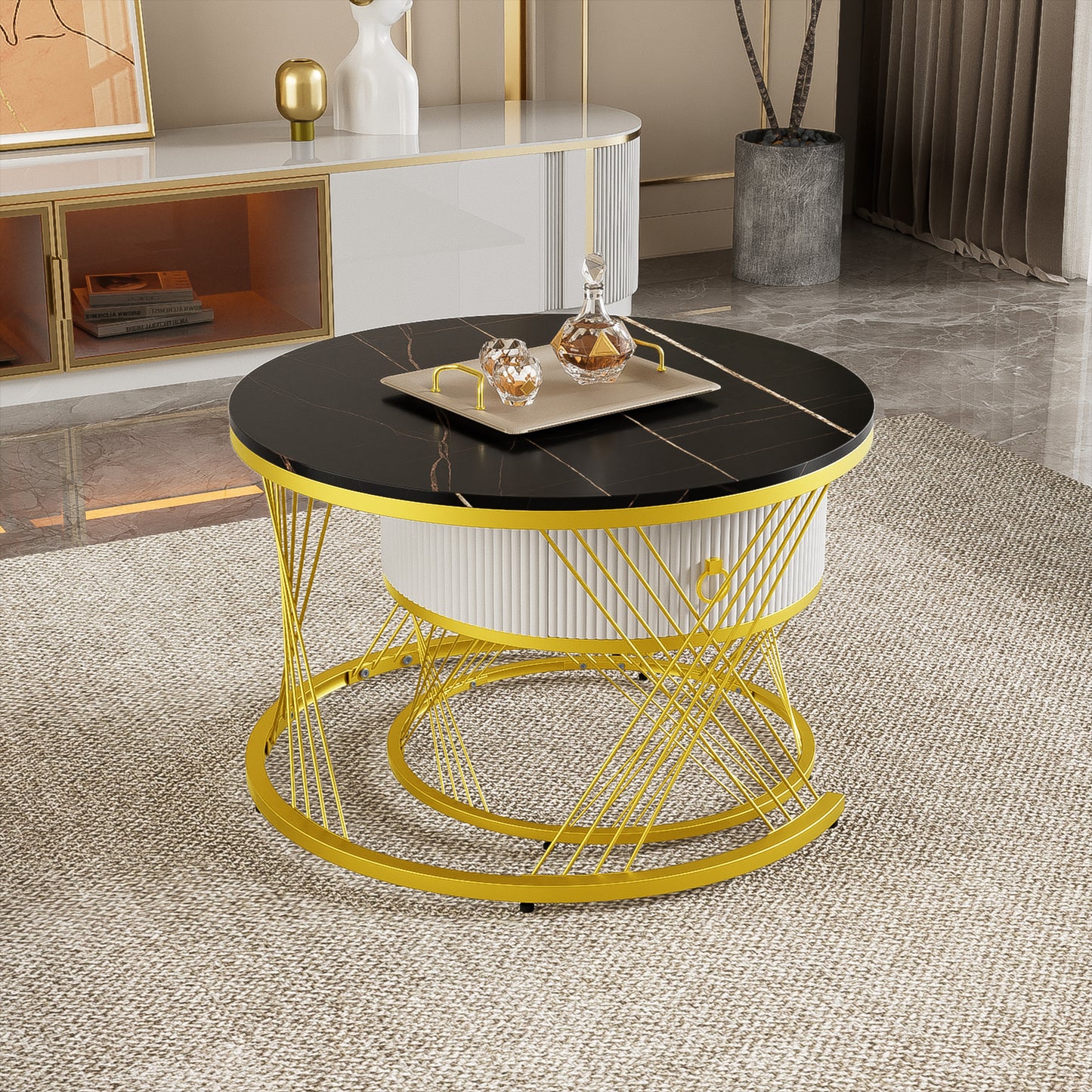 Elegant Composable Coffee Table  Marble Effect, Gold Decor, Side Table With Drawers - Set Of 2