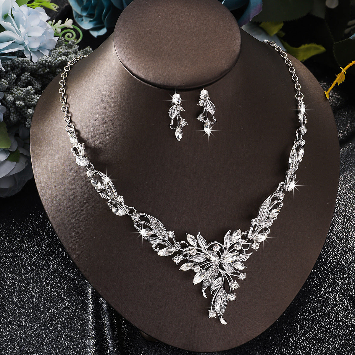 Korean Style Bridal Jewelry 2Pcs Set, Leaf Cubic Zirconia Collarbone Necklace & Drop Earrings, Wedding Dress Formal Accessories For Women