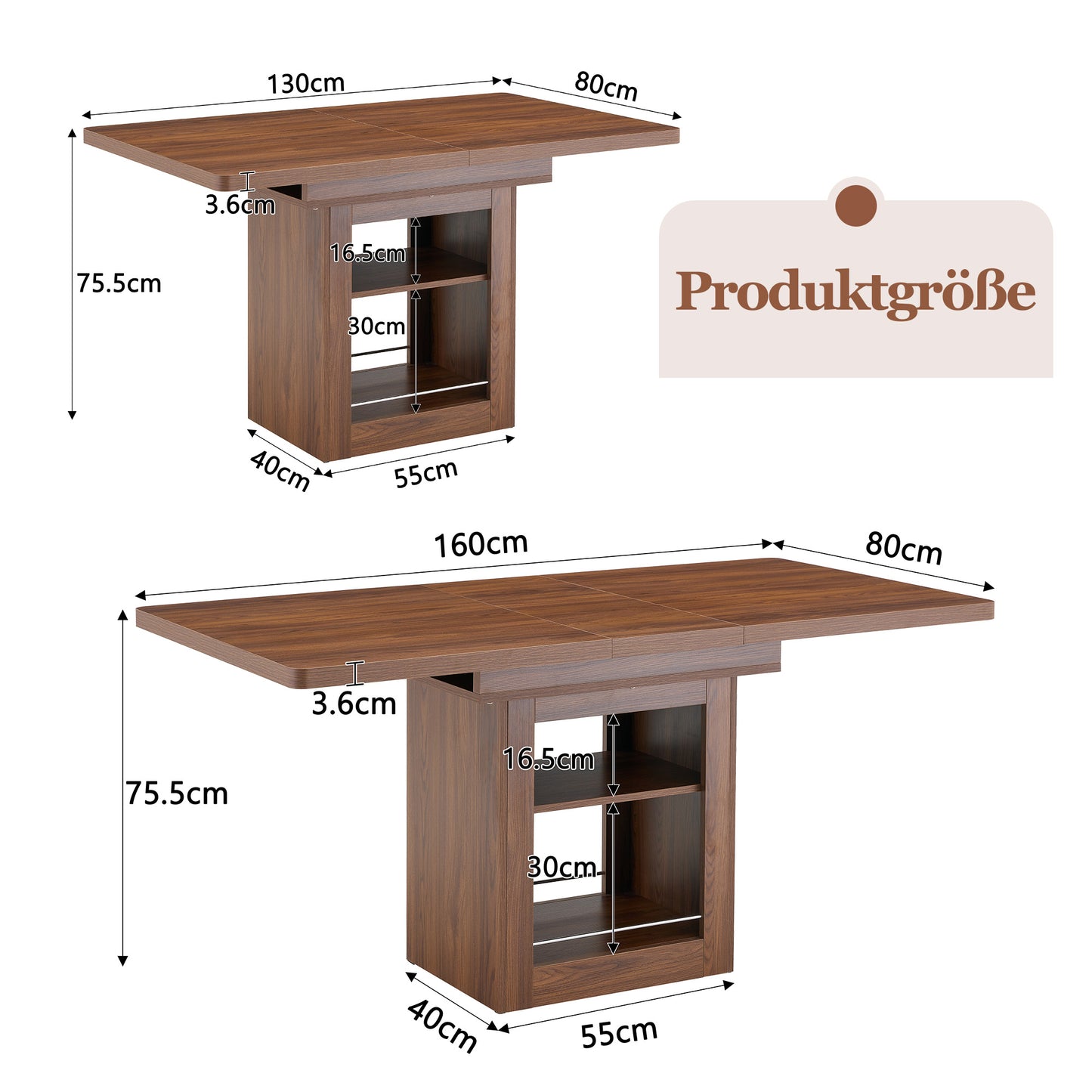 Modern Extendable Walnut Dining Table With Shelf, Space-saving Wooden Kitchen Table For 4-8 People, Extendable Dining Table With Metal Rails