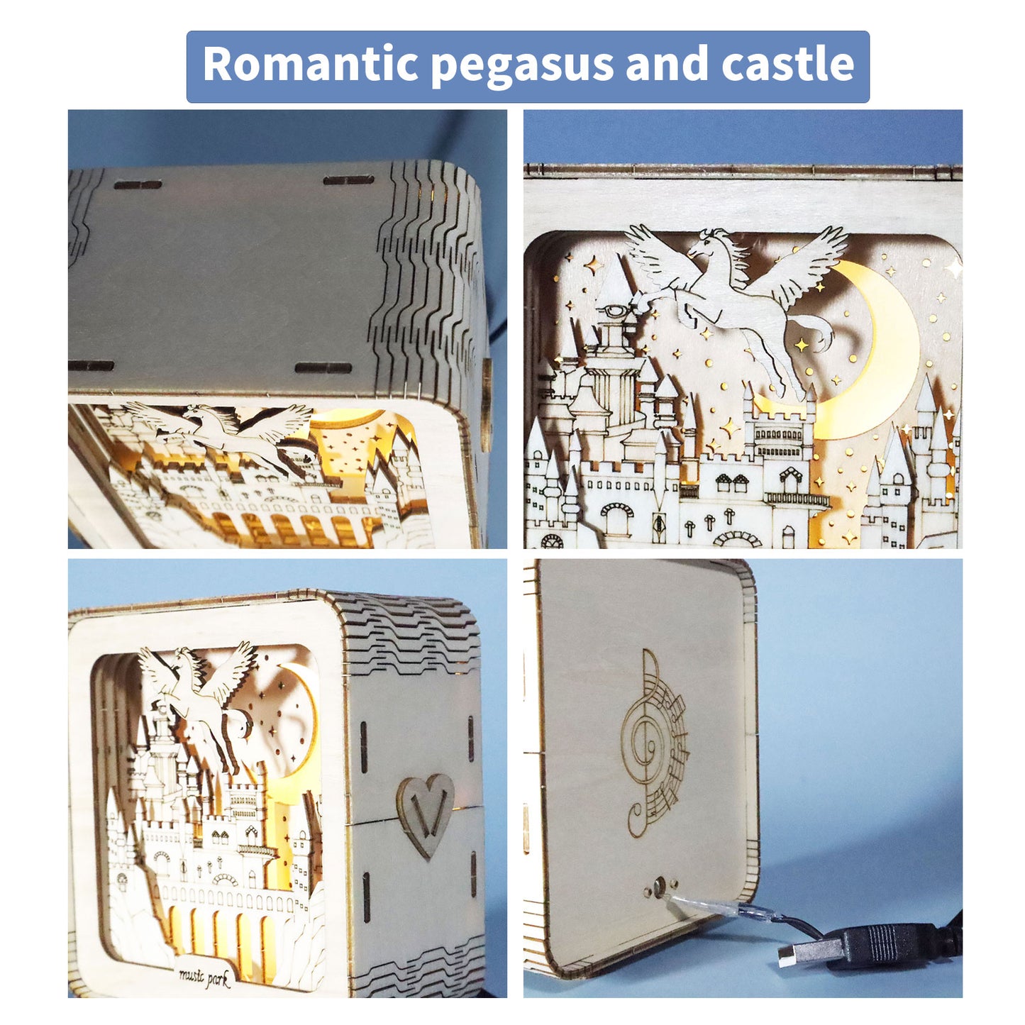 Sales Are Prohibited On The TEMU And SHEIN -MUSIC PARK 3D Wooden Puzzles Pegasus Castle Model Kits Night Lights Desk Decorations Birthday Christmas Gifts For Women