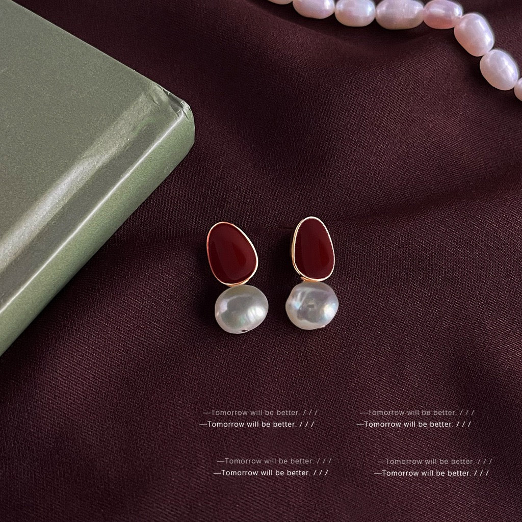 Vintage Wine Red Earrings Women French Enamel Stud Earrings Luxury Fashion Wholesale Jewelry
