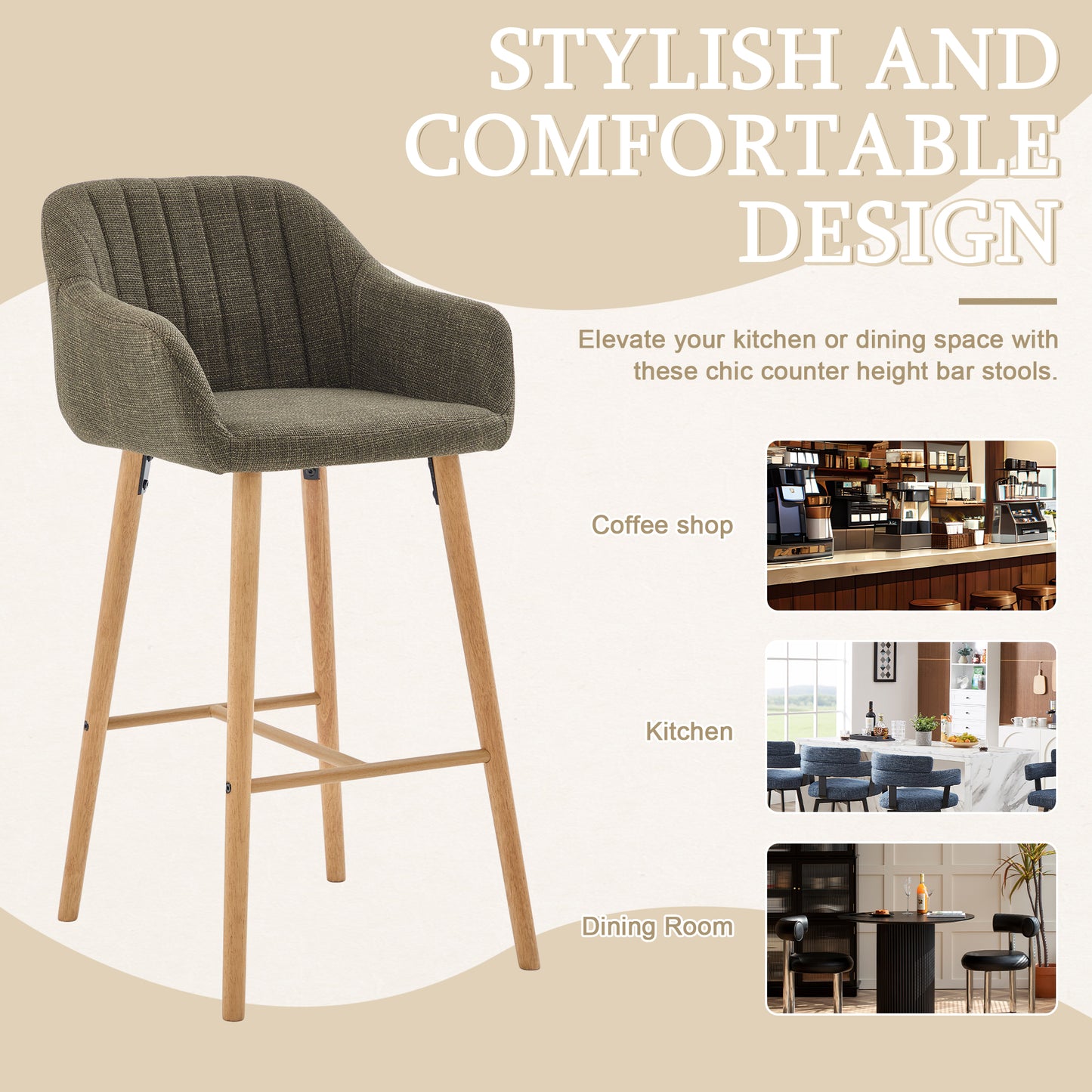 Modern Bar Stools Set Of 2, Kitchen Island Tall Chairs With Back, Arm, Footrest And Solid Wood Leg, Linen Fabric Upholstered Bar Stools
