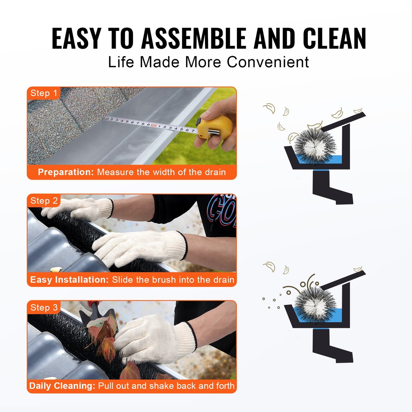 Gutter Brush, 60 Feet Total Length 4.33 Inch Diameter Gutter Cleaning Tools, Ground-Level Gutter Brush Leaf Guard For 5 Inch Gutters, Easily Clear Roof Leaves And Debris, 20 Pack