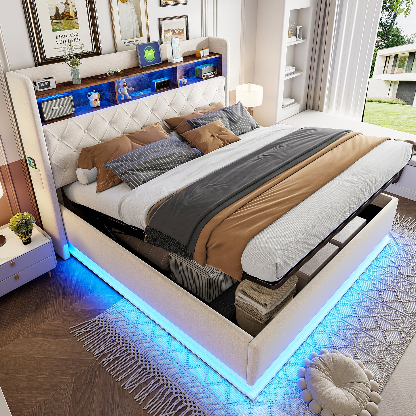LED Upholstered Bed 180 X 200 Cm, Upholstered Storage Bed With USB Charging Port And Hydraulic Storage, Skin-friendly Linen Fabric, Beige