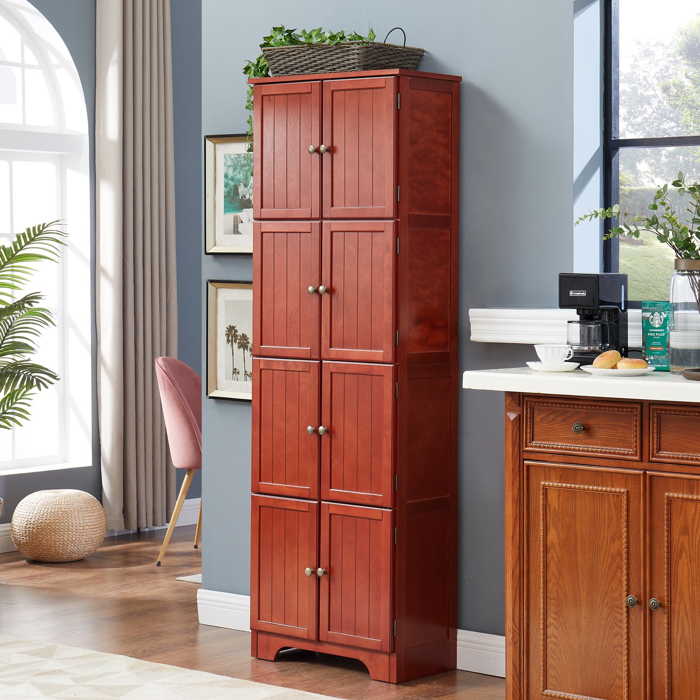 72.4  Tall Storage Cabinet Tall Storage Cabinet With 8 Doors And 4 Shelves ,Bookshelf Living Room, Kitchen, Dining Room, Office  Freestanding Storage Cabinet,Cherry