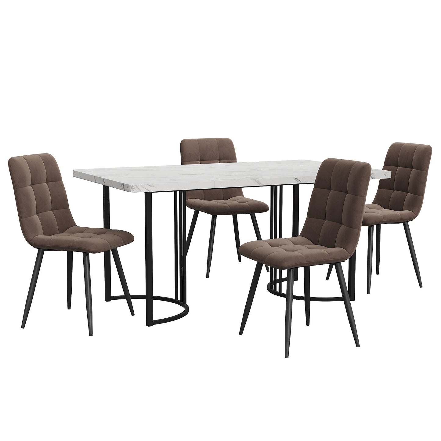 5-Piece Dining Set Dining Table With 4 Chairs  Modern Kitchen Table Set 140 X 80 CmFeaturing Black Metal Legs And White MDF Tabletop, Plus Brown Velvet Dining Chairs