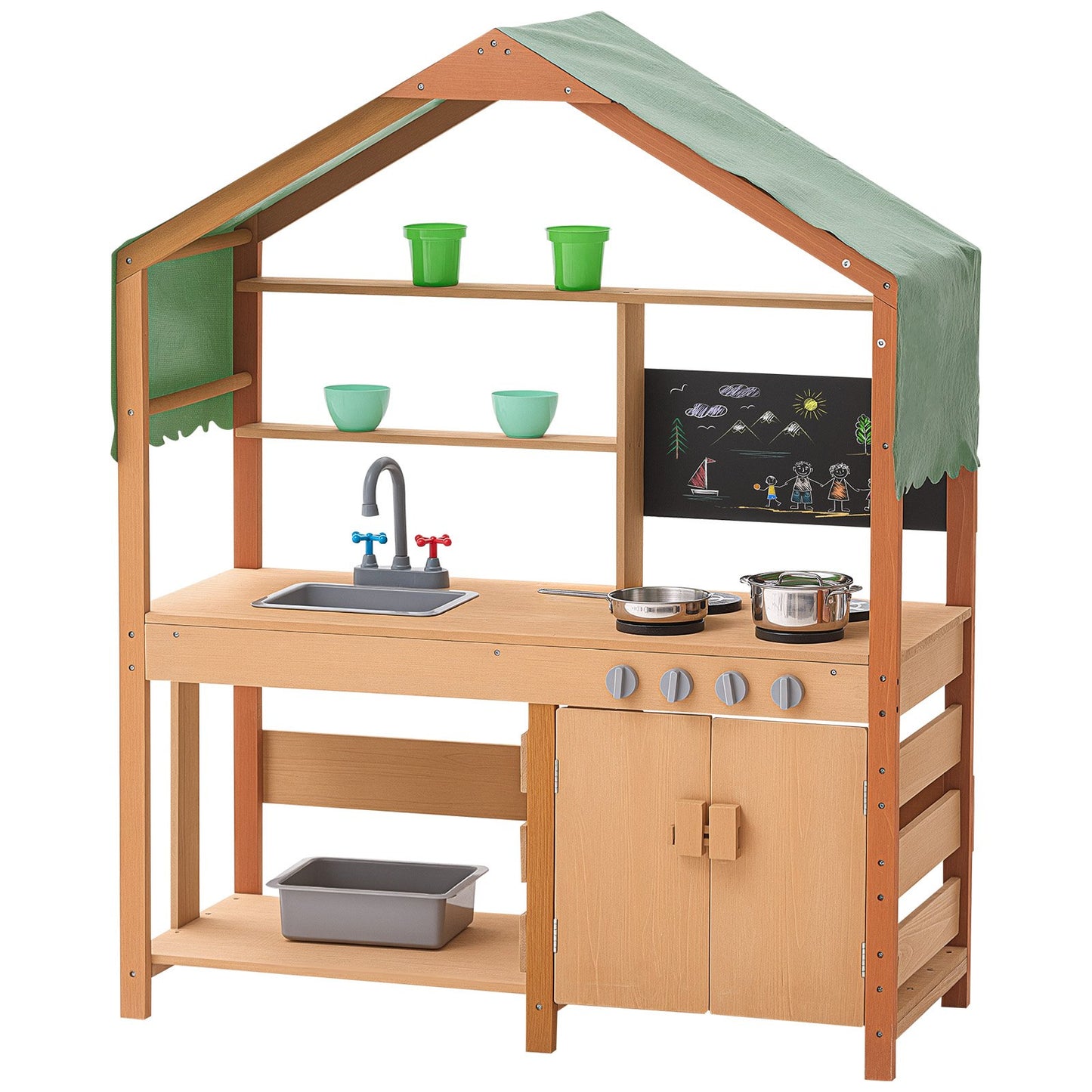 Mud Kitchen For Kids, Wooden Toy Play Kitchen Set With Accessories, Outdoor Toddler Grocery Store Playset, Pretend Play Kitchen With Stoves, Planter Boxes, Sink, Faucet, Blackboard, Cookware Pot