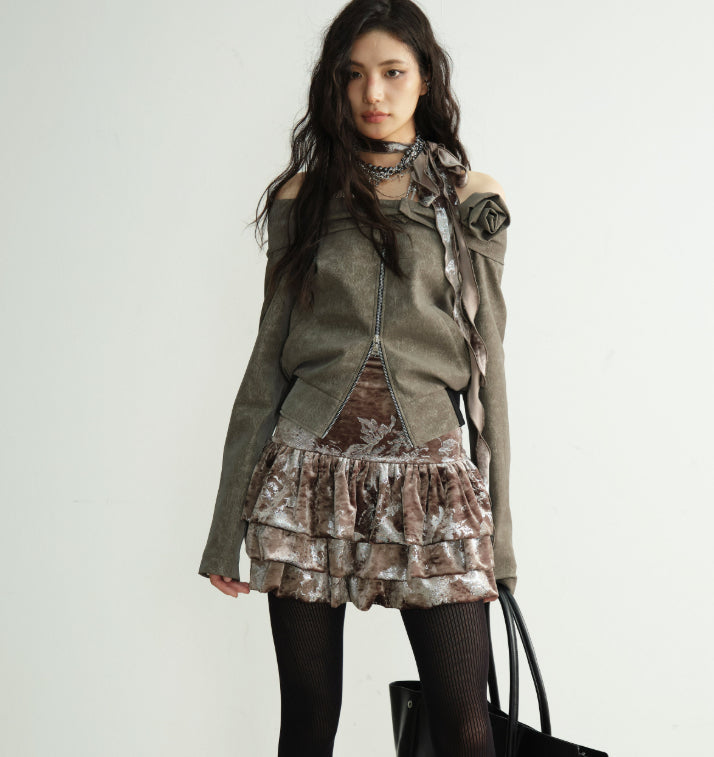 High-fashion Velvet Off-shoulder Lace-trimmed Mini Skirt