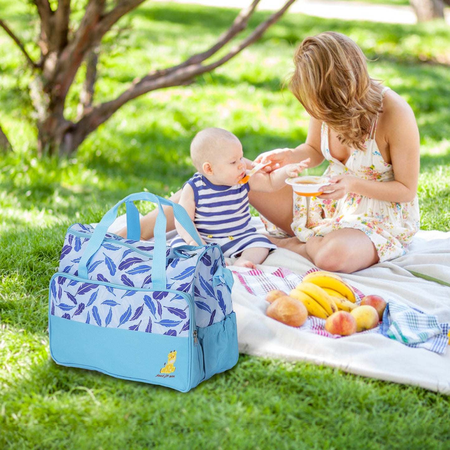 5Pcs Baby Nappy Diaper Bags Set For Picnic Mummy Diaper Handbags With Diaper Pad Food Bag Bottle Bag Travel Tote Bags For Mom Dad