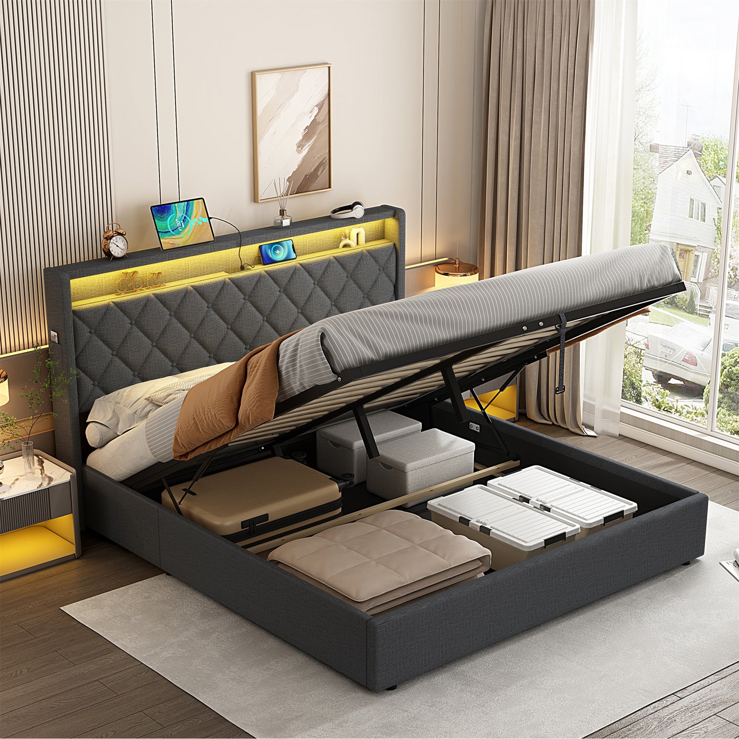 5ft King Upholstered Bed Frame With Hydraulic Storage, Linen Ottoman Bed With LED Lighting, Button Tufted Storage Headboard With Charging Station, No Box Spring Needed, Grey No Mattress