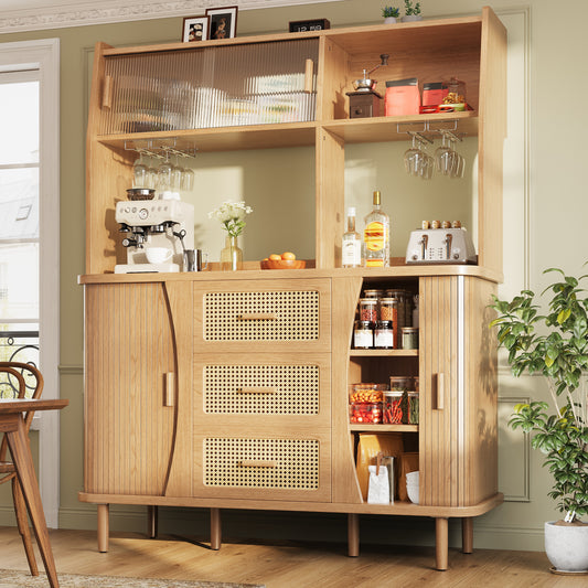 High-quality Sideboard With Rattan Look And Glass Sliding Doors, 174.5 Cm High Kitchen Cabinet With Storage Space, Natural Wood Walnut Look