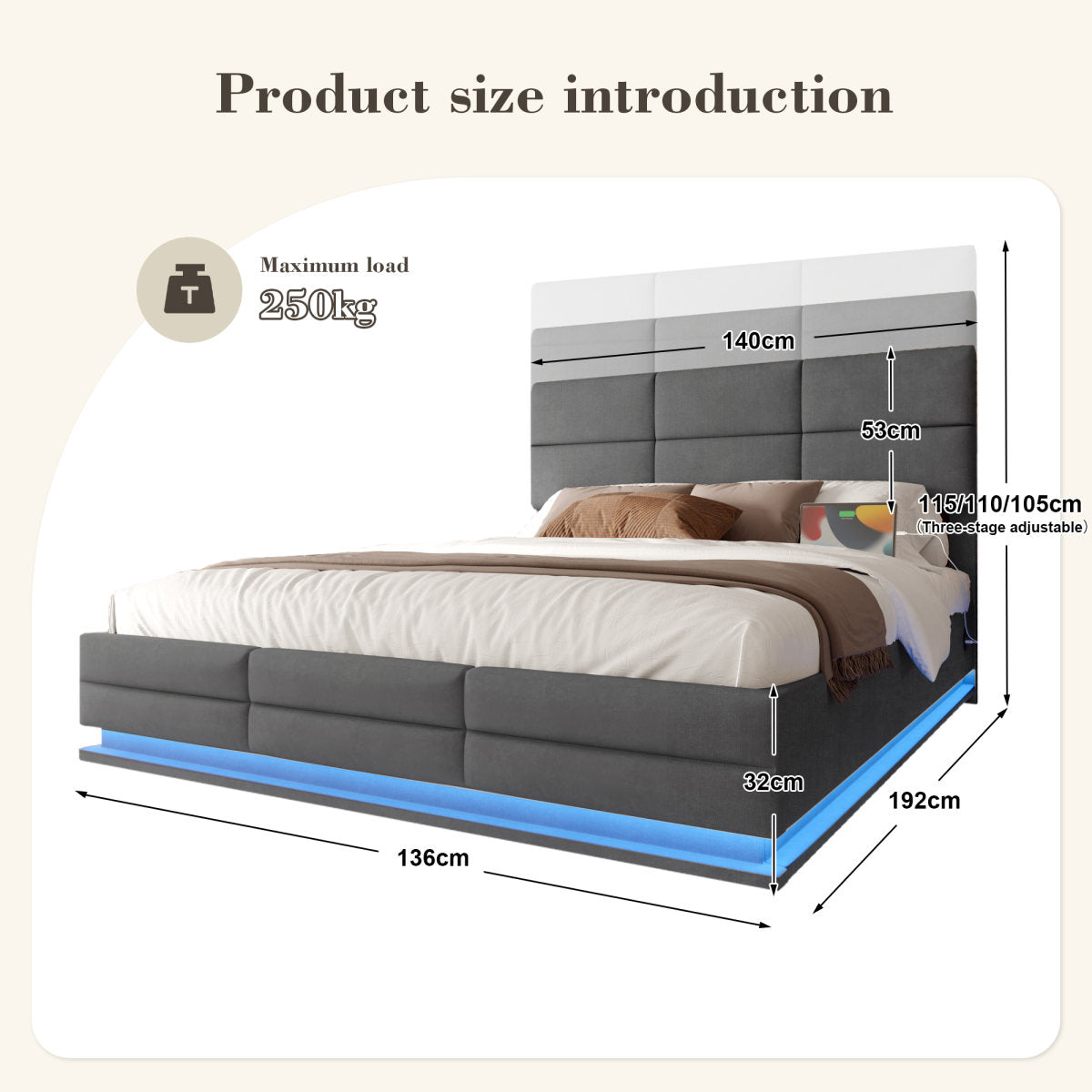 135x190 Cm Modern Velvet Upholstered Bed With Adjustable Headboard  Includes USB Type-C Ports, LED Ambient Lighting, Hydraulic Lift System & Extra Large Storage Space  Mattress Not Included  - Gray