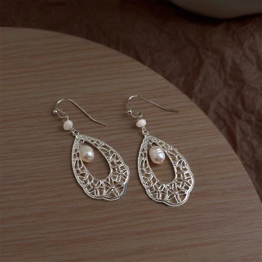 1 Pair 999 Sterling Silver Hollow Teardrop Natural Pearl Earrings, Retro French Style, Perfect For Daily Wear & Valentine's Gifts