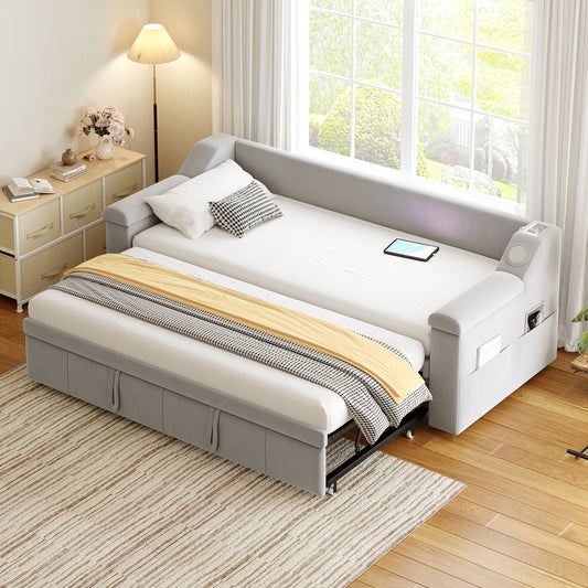Upholstered Bed Sofa Bed, 90 180x190 Cm, Armrests Wider And Thicker, With Smart Bluetooth Stereo System With USB Charging Port, With Storage Compartments, With Slatted Base, Velvet Fabric, Light Grey