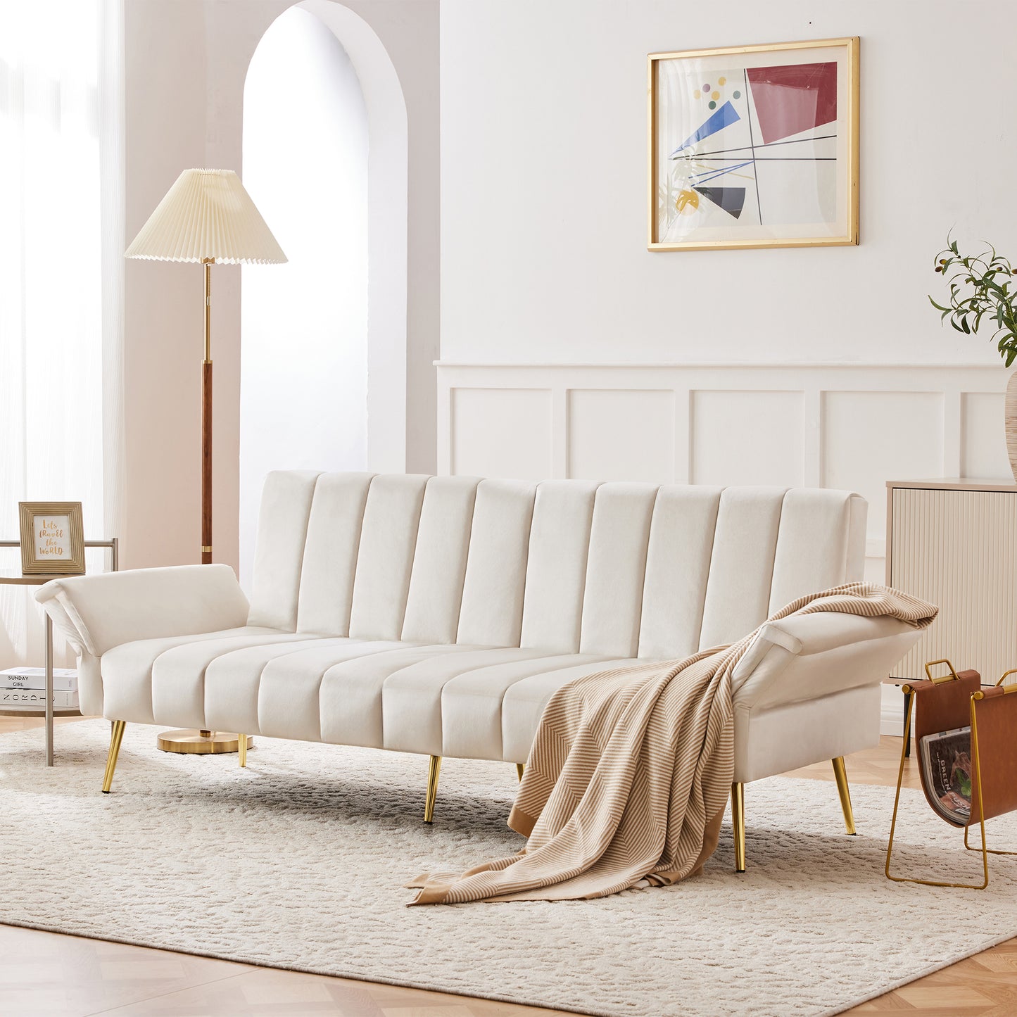 Modern Adjustable Velvet Sofa Bed With Multi Position Backrest & Armrests, Metal Legs, Convertible Sleeper Function, Ideal For Living Room, Bedroom, Home Theater & Guest Room, Beige, Video Included