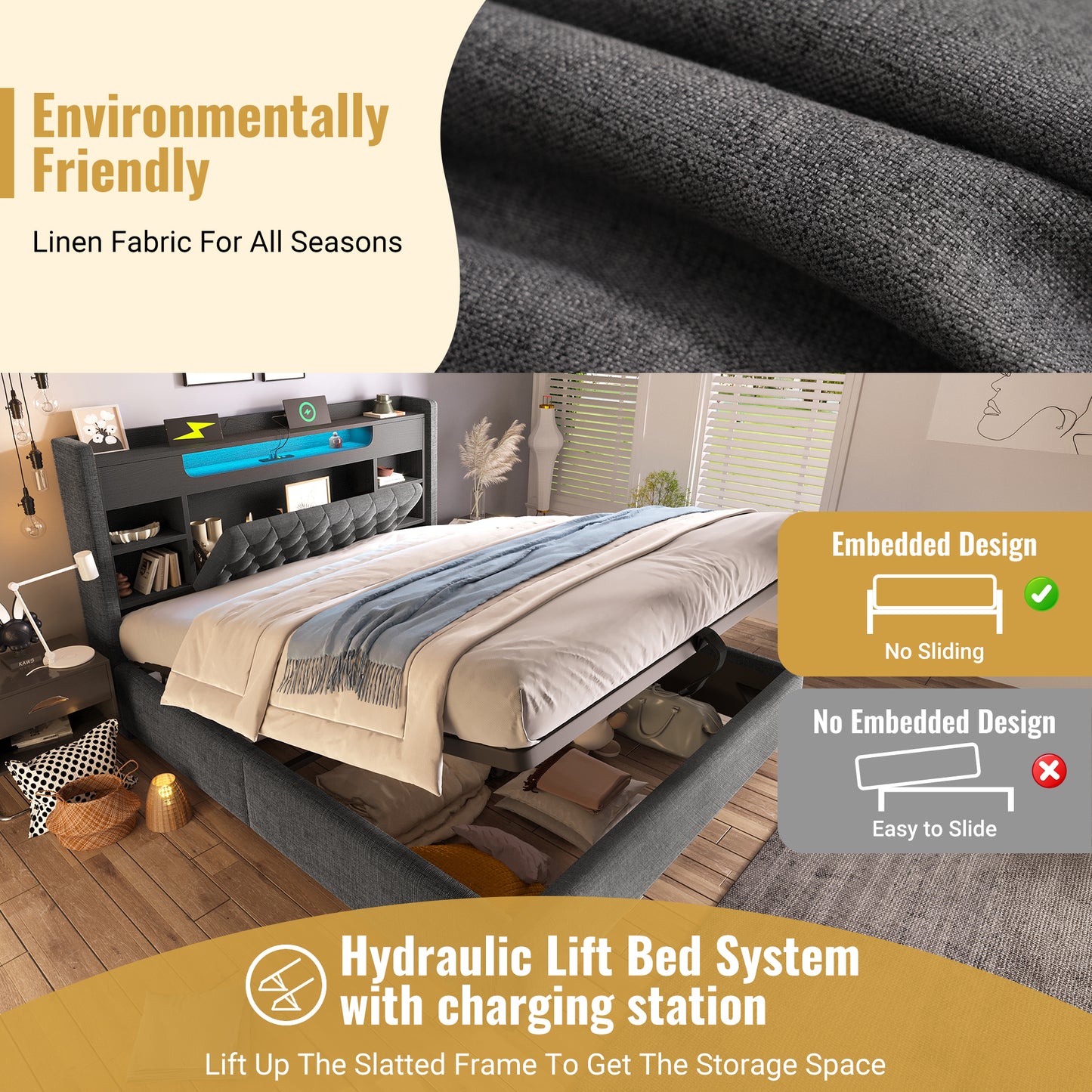 6ft Super King Bed With Hydraulic Storage, Upholstered Bed Frame With LED Lighting & Charging Station, Storage Headboard For Cellphones & Tablets, 180 X 200 Cm, Linen, Grey  No Mattress