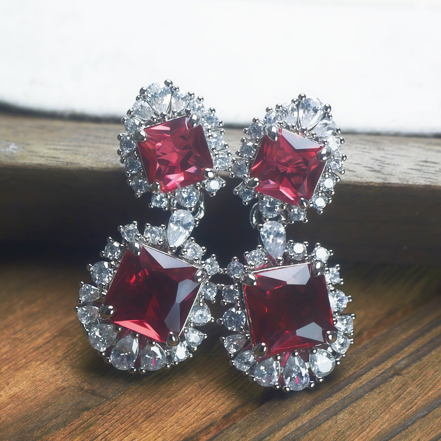 Two-Tier Princess Cut Red CZ Double Halo Dangle Drop Earrings For Women, Copper Silver Plated White Crystal Vintage Wedding Banquet Statement Jewelry Gift