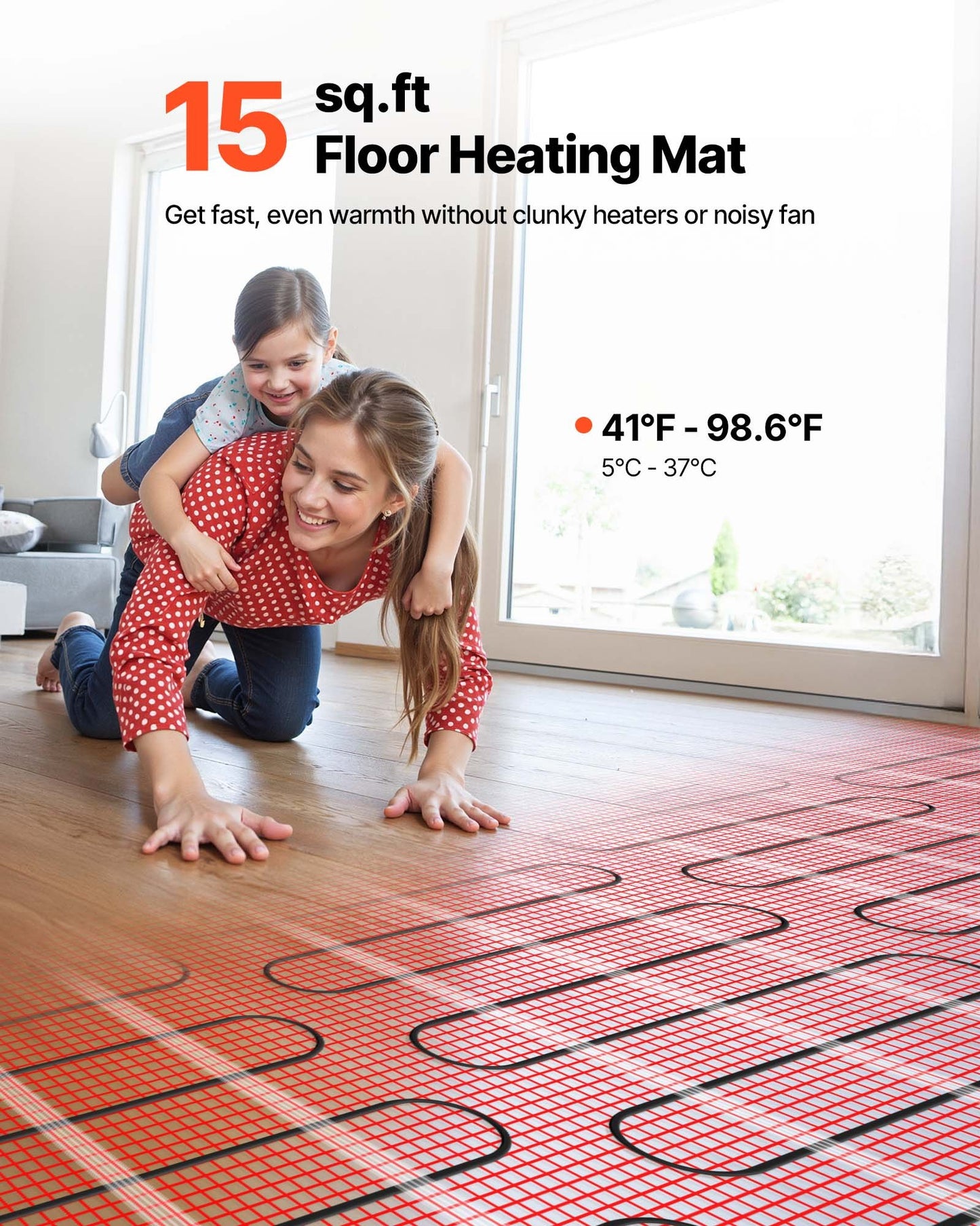 15 Sqft Self-Adhesive Mesh Floor Heating Mat System, 120V Electric Radiant Heated Floor System, With Smart Control Thermostat & Alarm, Easy Installation For Tile, Stone, Vinyl