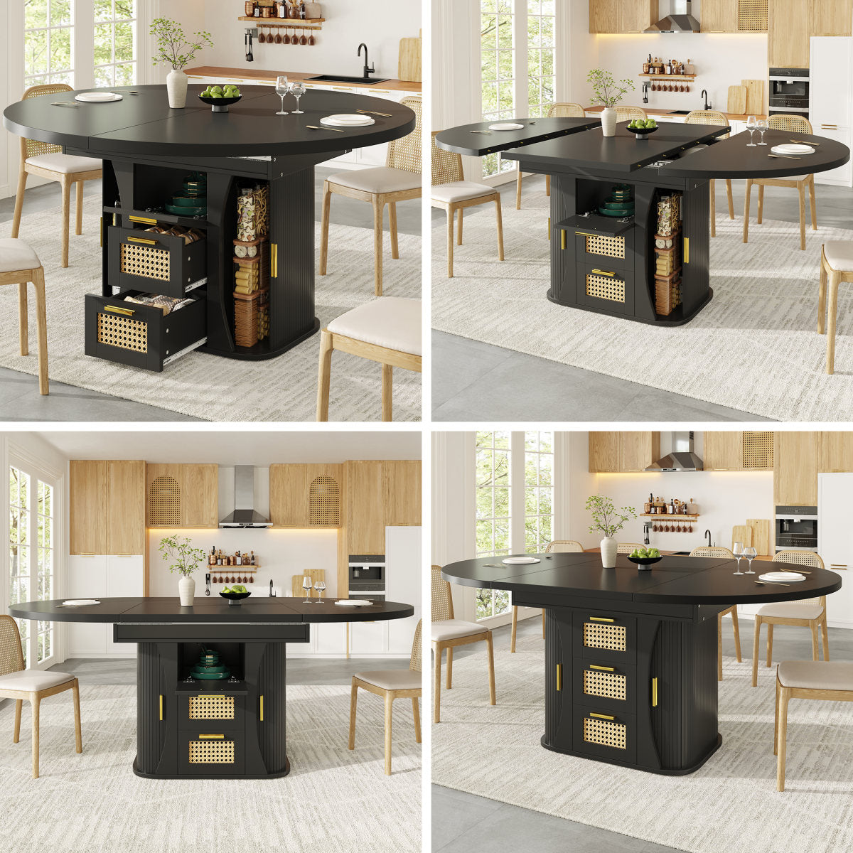 Extendable Dining Table With Storage, 118-158cm Table With Rattan Drawers, MDF Wood Look, Black  Natural Wood  Oak Look