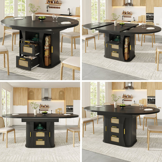 Extendable Dining Table With Storage, 118-158cm Table With Rattan Drawers, MDF Wood Look, Black  Natural Wood  Oak Look