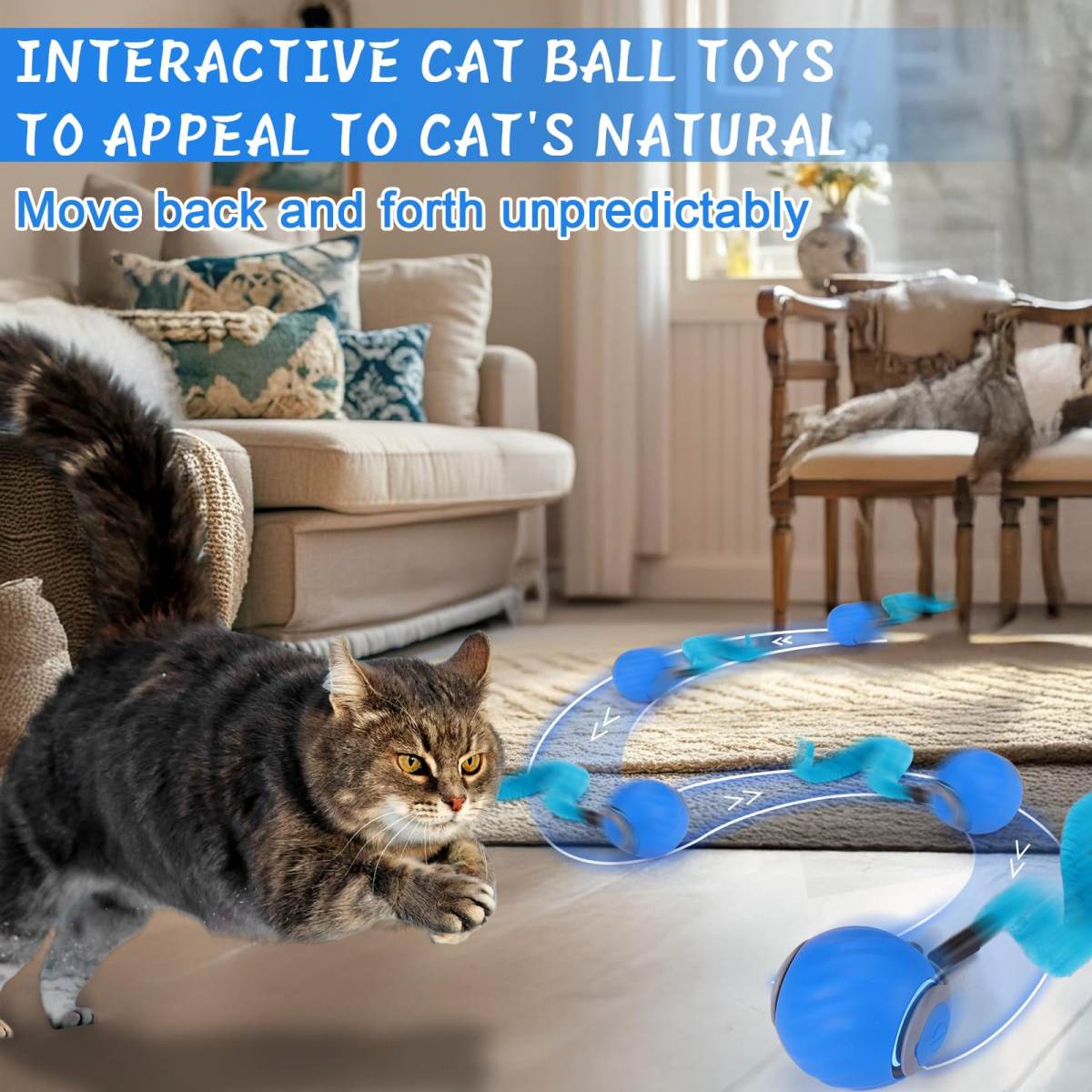 Interactive Cat Toy Ball - Automatic Interactive Cat Toys For Indoor Cats With 3 Tails, 2 Speeds Rechargeable Cat Enrichment Toys For Small Medium Large Cats To Keep Them Busy